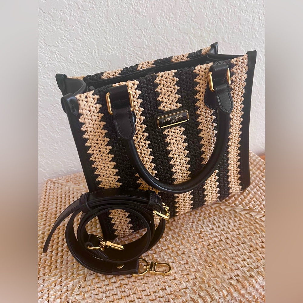 SAINT & SOFIA Mini Tote Bag Raffia Black/Tan Leather Artisan Handbag W/Strap - Picture 5 of 15